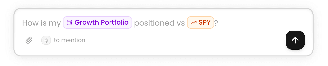Chat input showing @Growth Portfolio and @SPY mention chips in a natural language question