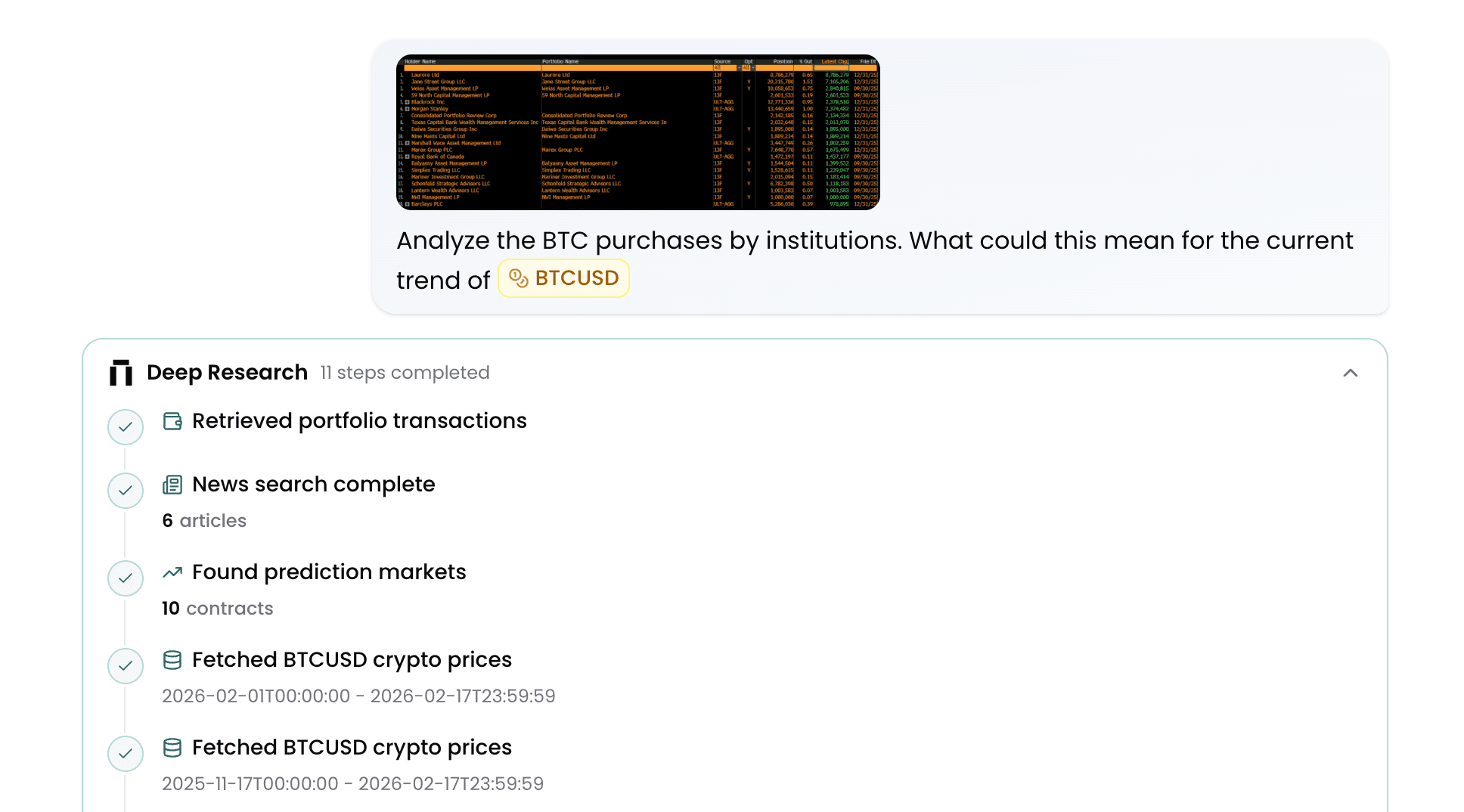 File attachment with image upload and @BTCUSD mention showing Deep Research reasoning steps