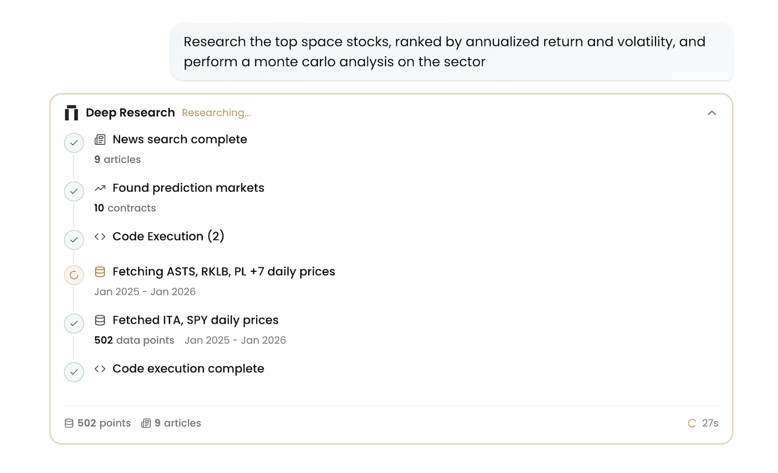 Deep Research reasoning stream showing live research activity