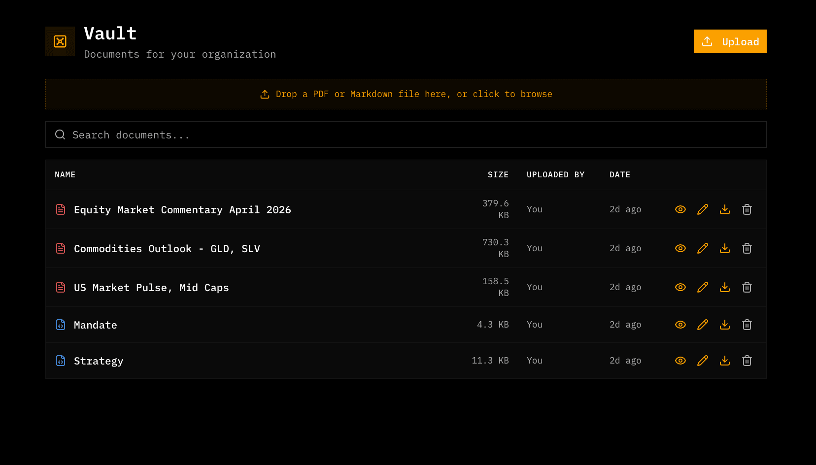 Kimpton Vault document workspace with uploaded research files
