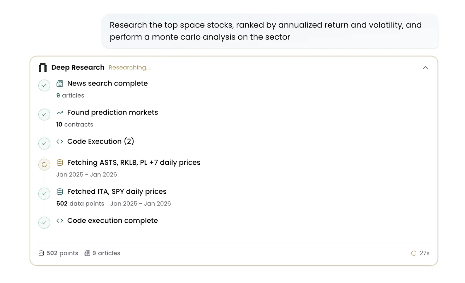 Kimpton reasoning stream showing research steps during a response