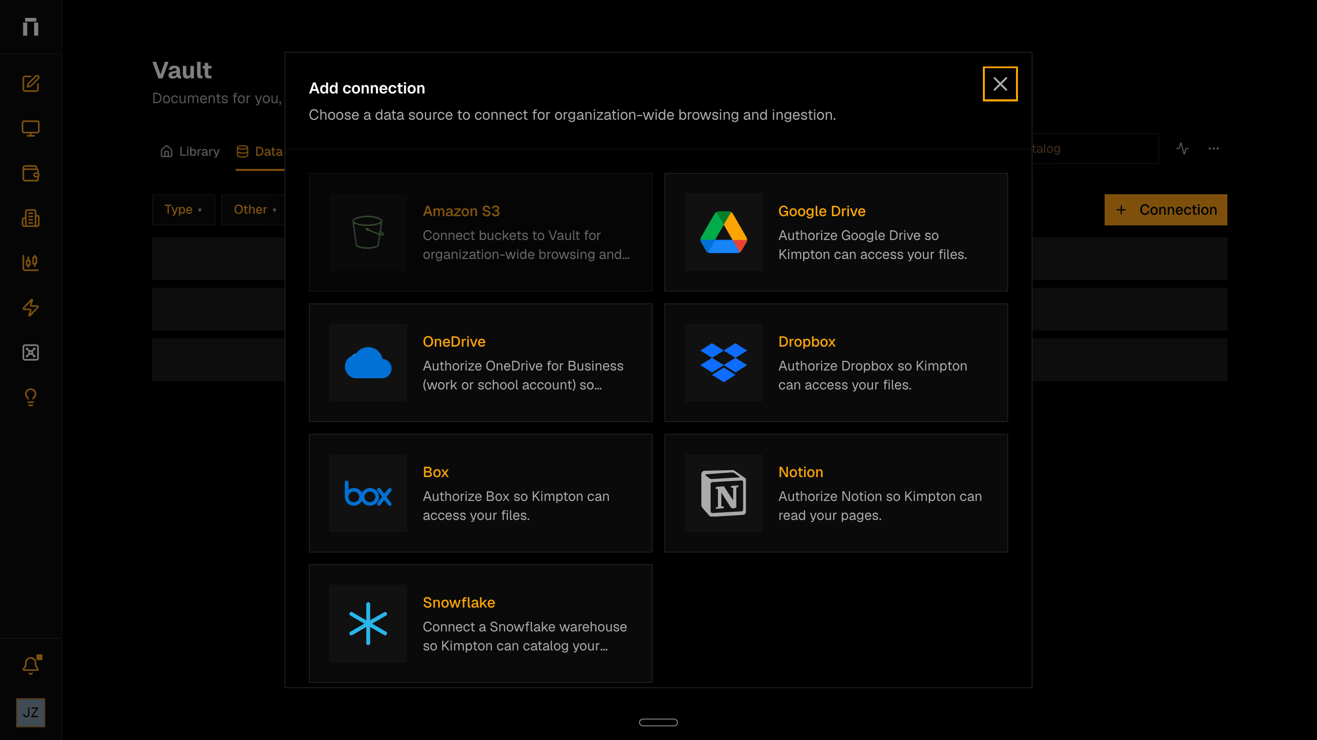 Kimpton Vault connection picker showing Amazon S3, Google Drive, OneDrive, Dropbox, Box, Notion, and Snowflake.